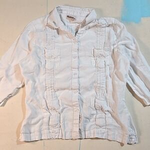 Azucar Linen Shirt Women‎ XL White Pintuck 3/4 Sleeve Shell Button Up Mori Kei